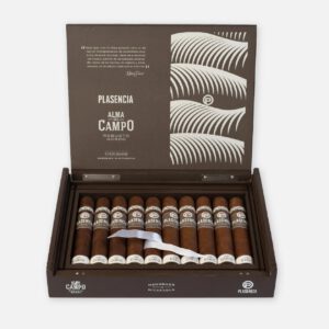 سيجار بلاسينسيا ألما ديل كامبو روبوستو جوردو في علبة مزخرفة مفتوحة.