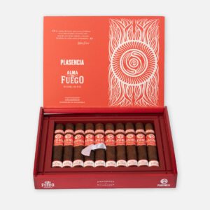 سيجار بلاسينسيا ألما ديل فويغو روبوستو في علبة حمراء زاهية.