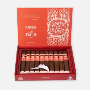 سيجار بلاسينسيا ألما ديل فويغو تورو في علبة حمراء زاهية.