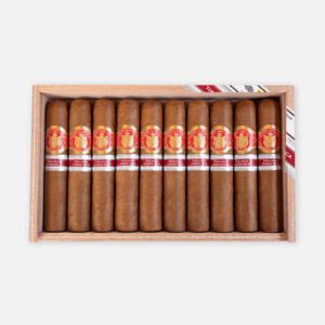 سيجار إتش. أوبمان روبوستوس الكلاسيكي بأشرطة ذهبية وحمراء في علبة خشبية.