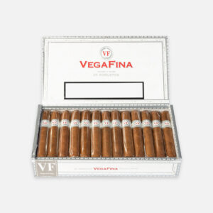 سيجار فيغافينا روبستوس في علبة بيضاء أنيقة مزينة بالفضة.