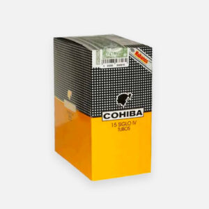 سيجار كوهيبا سيجلو IV توبو في عبوة أنيقة باللونين الأسود والأصفر.