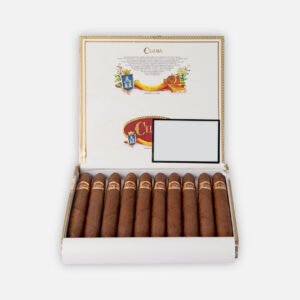 سيجار كوبا في علبة أنيقة مفتوحة، عرض غني وكلاسيكي.