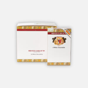 سيجار روميو واي جولييت وايد تشرشلز، في علبة كلاسيكية بيضاء وحمراء.