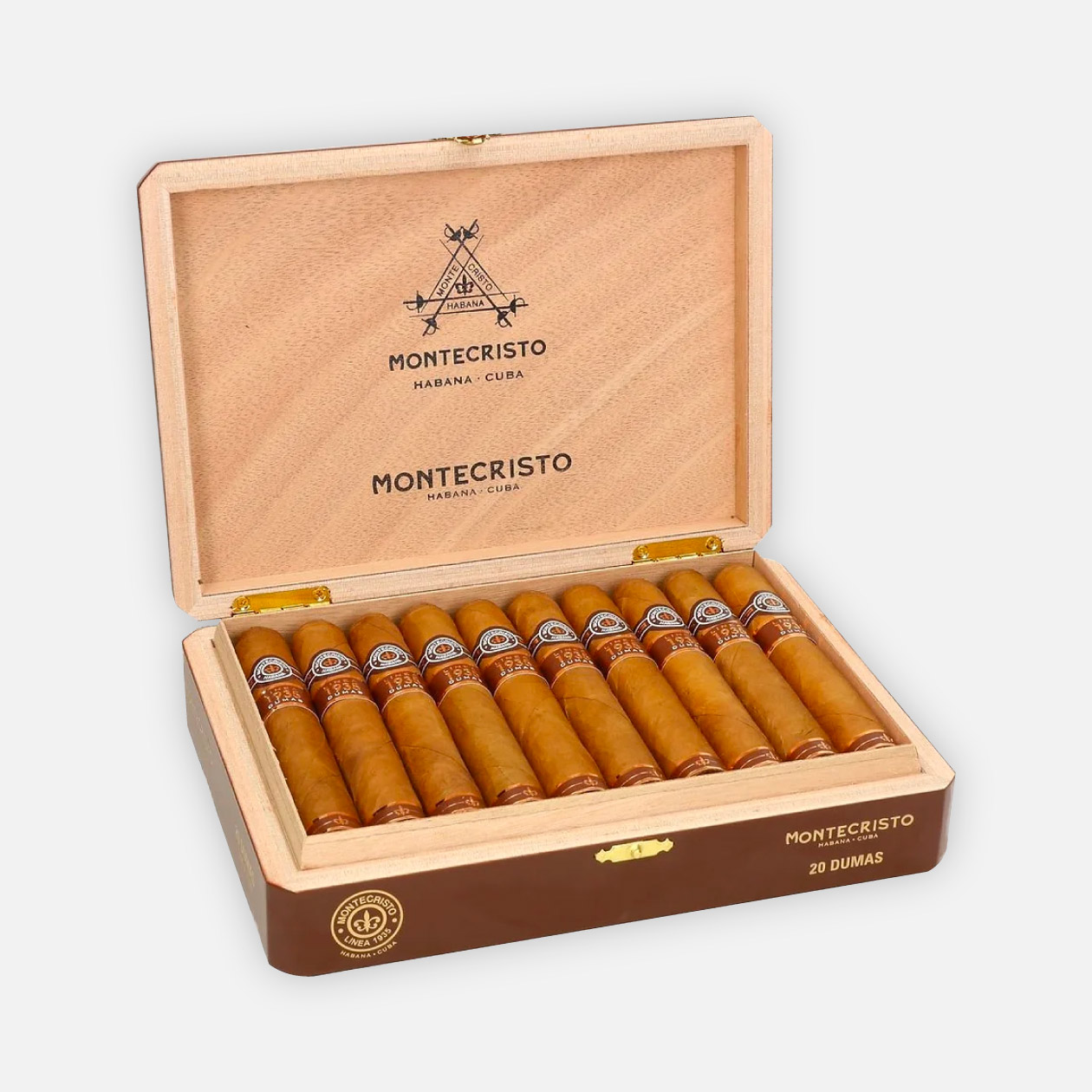 سيجار مونتيكريستو في صندوق خشبي مصقول، عرض أنيق وفاخر.
