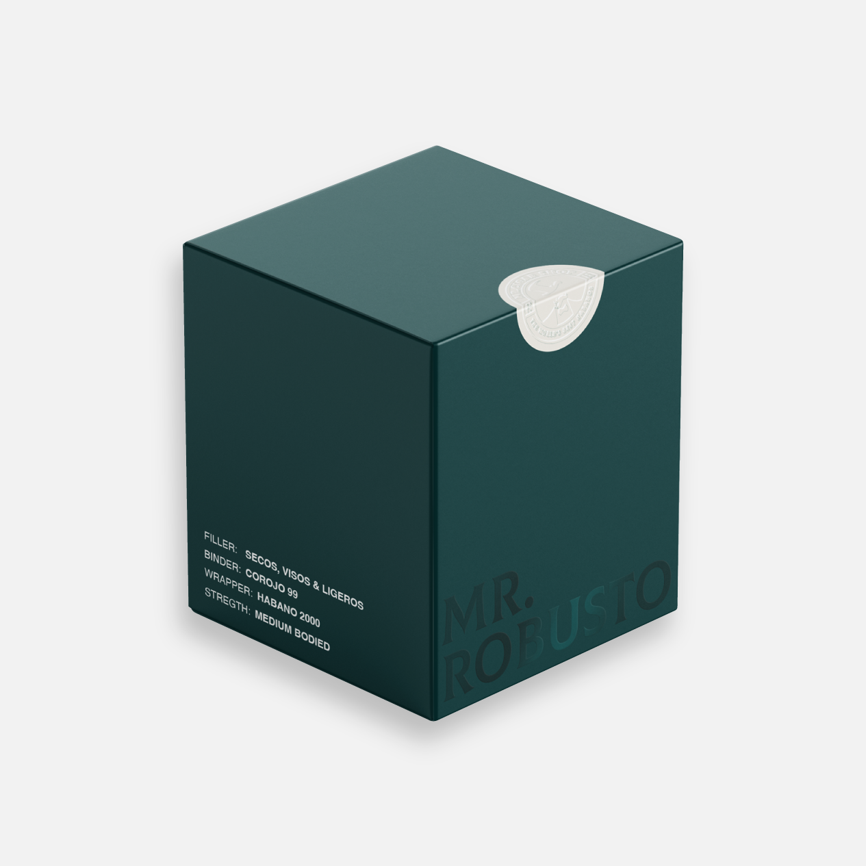 سيجار السيد روبوستو متوسط القوة في علبة أنيقة خضراء داكنة.