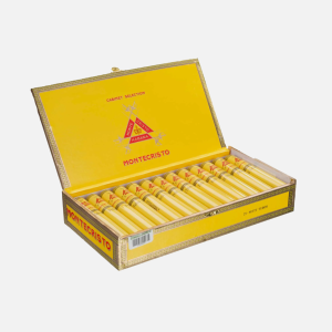سيجار مونتيكريستو بيتي توبوس في علبة صفراء زاهية.